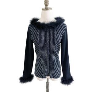 Vintage Y2K Black/Metallic Silver Zip Up Cardigan with Feather Accent Sz Medium